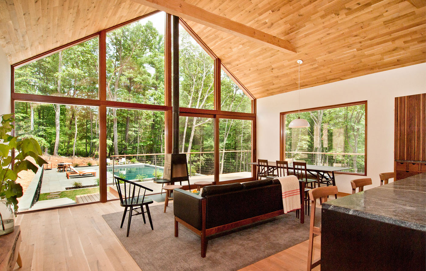 BR Fireplace-Vaulted-Ceiling-Living-Space-Open-Plan-Wood-Glass-House-Kerhonkson